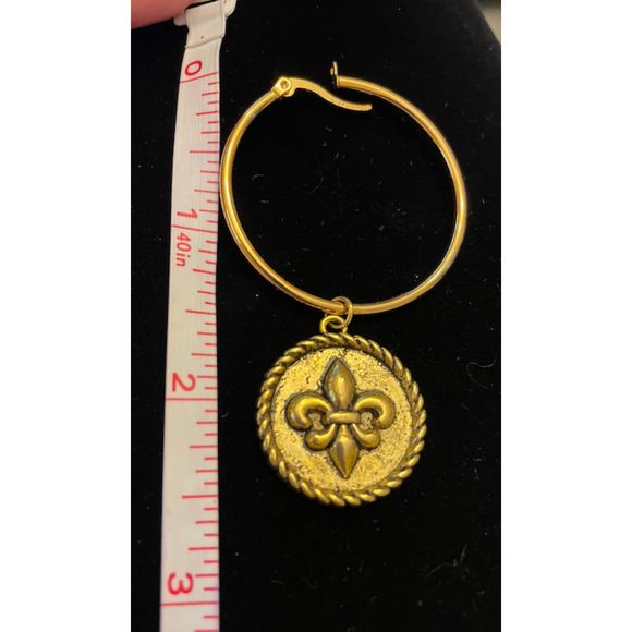 Gold Hoop Earrings with Fleur de Lis Charms - Picture 3 of 3